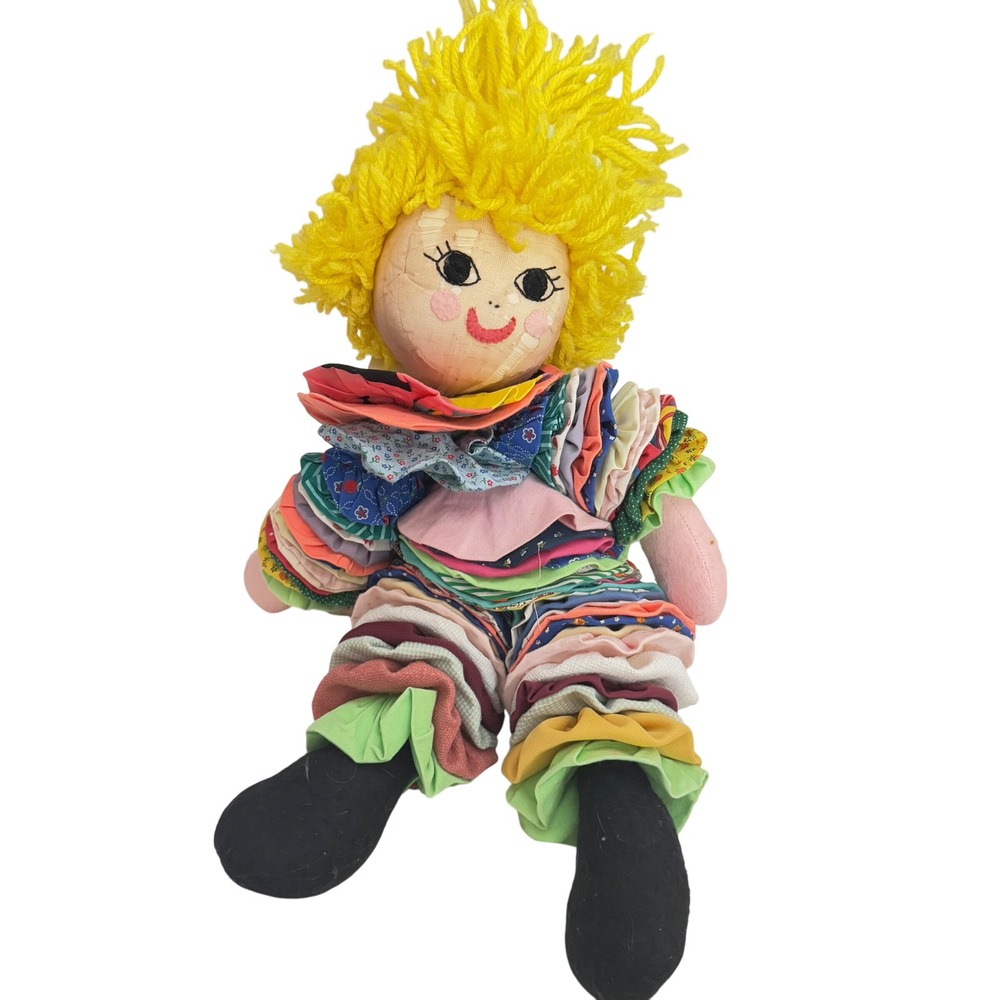 Vintage Handmade Fabric Blonde Doll Yoyo Jester Rag Toy Bouncy Puffy Stuffed